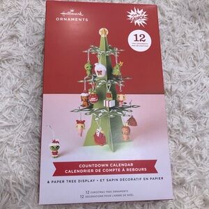 Grinch Hallmark 12 mini Ornaments Countdown Calendar and Paper Tree Display NWT